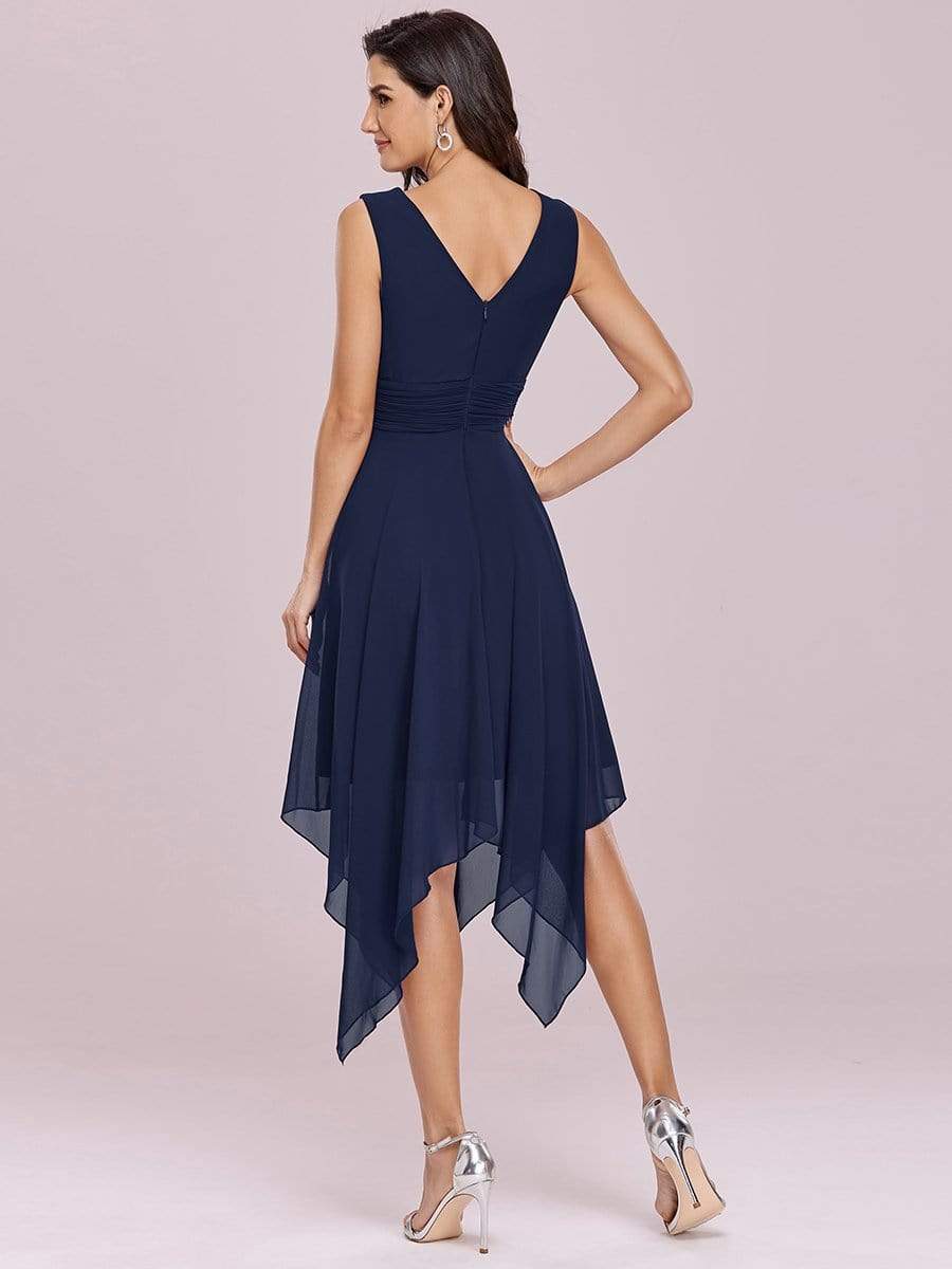 Color=Navy Blue | Knee Length Chiffon Bridesmaid Dress With Irregular Hem-Navy Blue 5