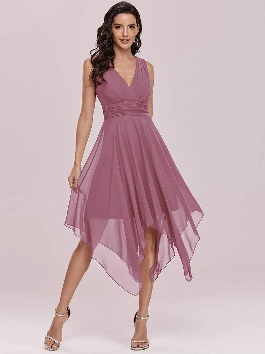 Color=Purple Orchid | Knee Length Chiffon Bridesmaid Dress With Irregular Hem-Purple Orchid 3