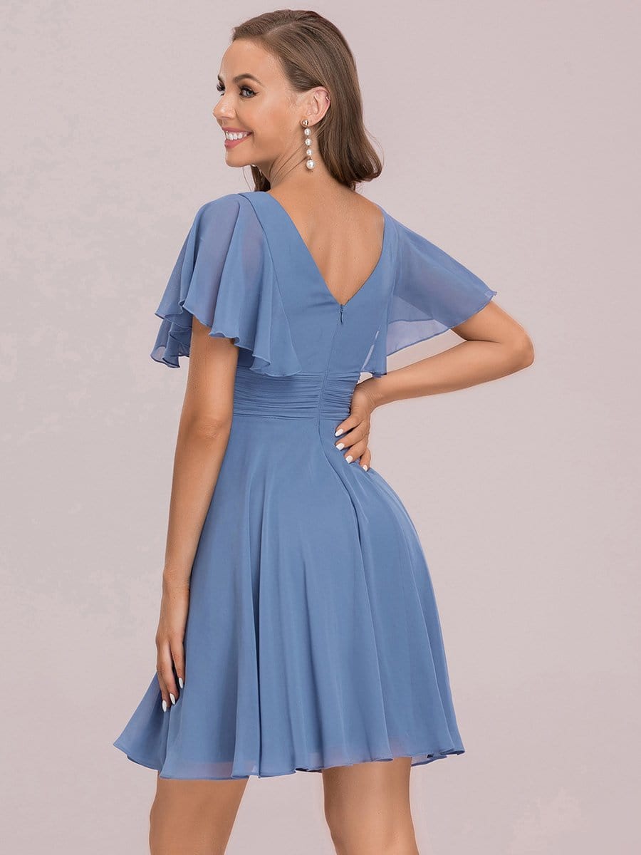 Color=Dusty Navy | Short Lotus Leaf Deep V Small Pleated Circle Skirt Bridesmaid Dress-Dusty Navy 6