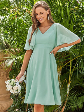 Color=Mint Green | Elegant Ruffle Sleeve Short Chiffon Bridesmaid Dress-Mint Green 1