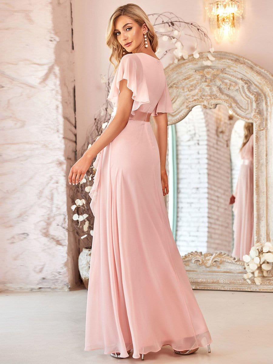 Color=Pink | V-Neck Lotus Leaf Circular Cape Floral Illusion Lotus Long Bridesmaid Dress-Pink 2