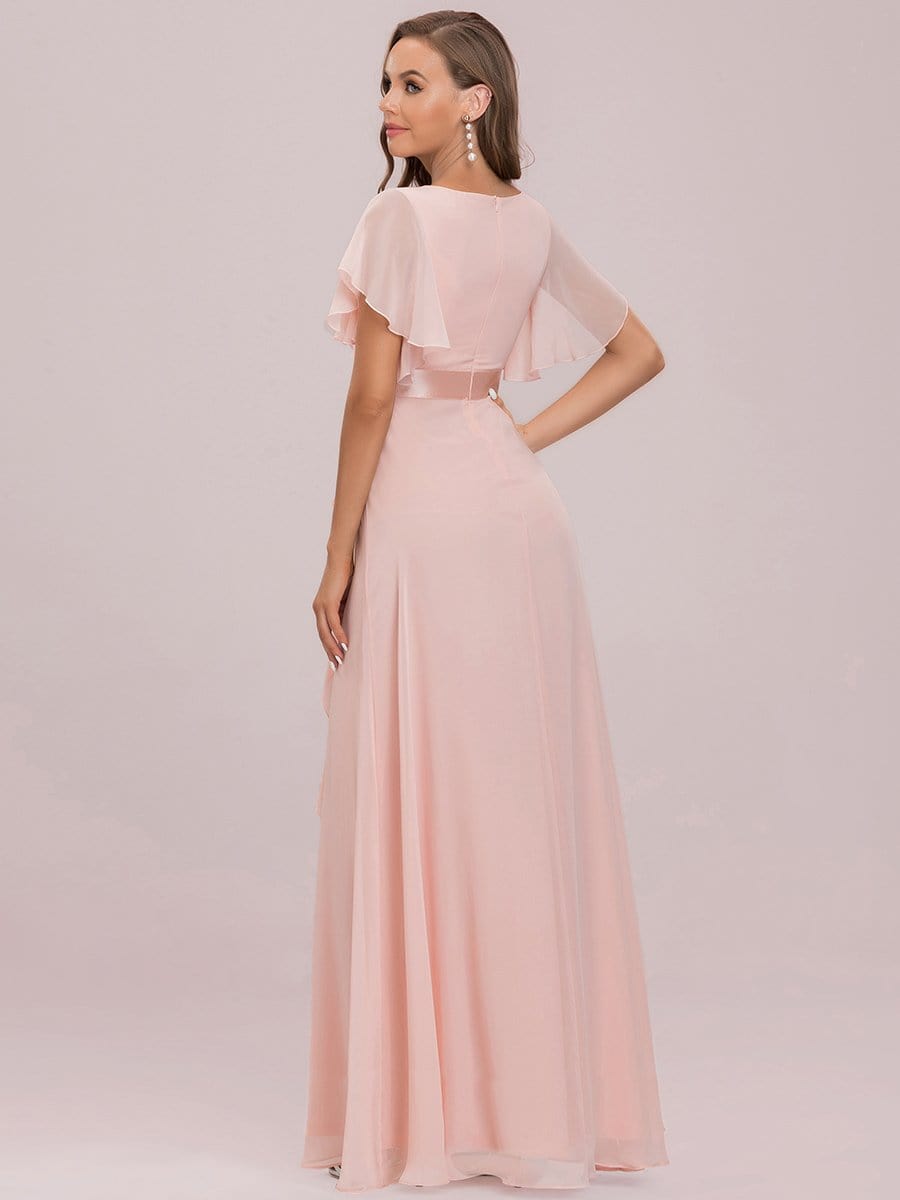 Color=Pink | V-Neck Lotus Leaf Circular Cape Floral Illusion Lotus Long Bridesmaid Dress-Pink 7