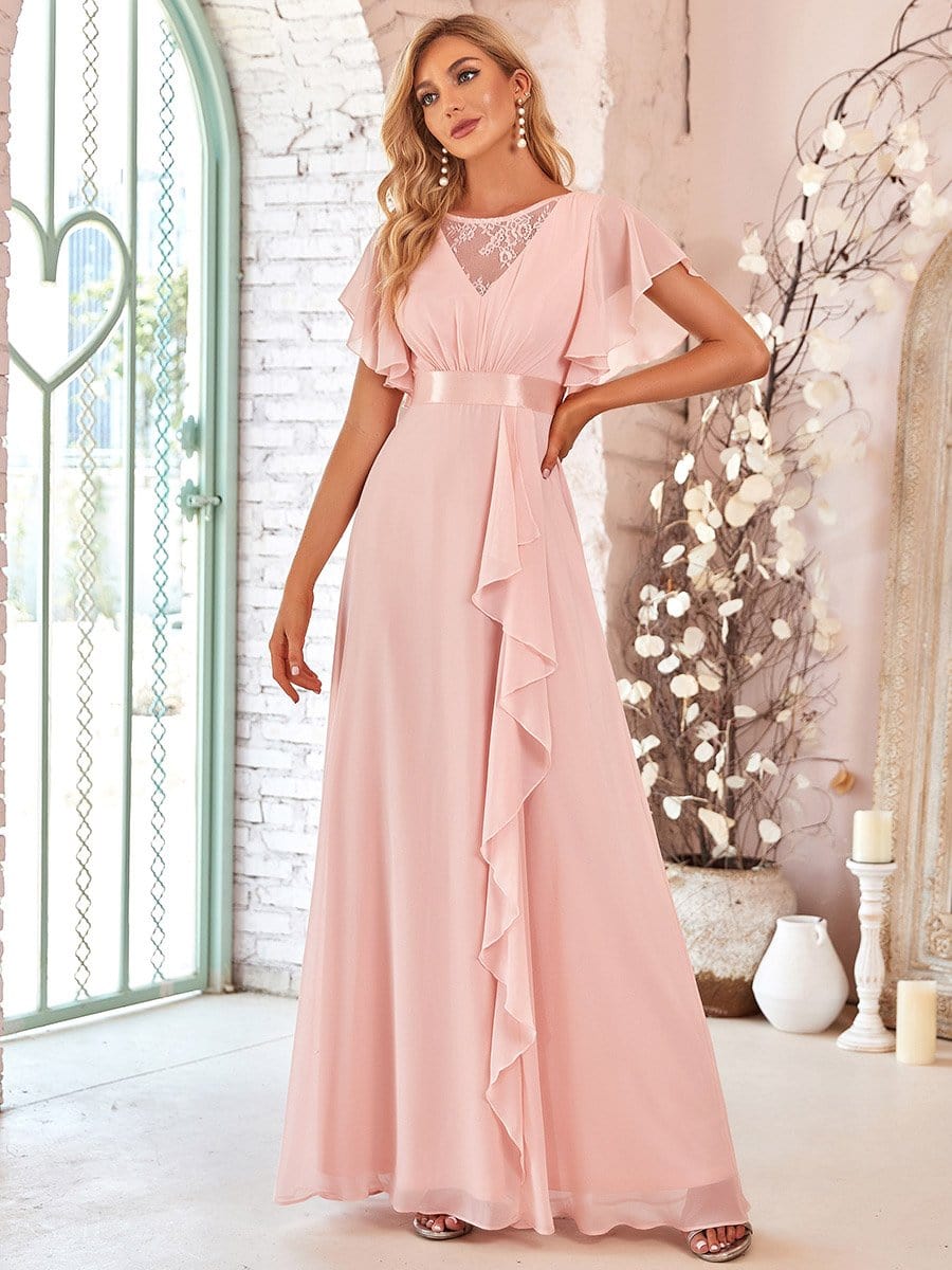 Color=Pink | V-Neck Lotus Leaf Circular Cape Floral Illusion Lotus Long Bridesmaid Dress-Pink 1