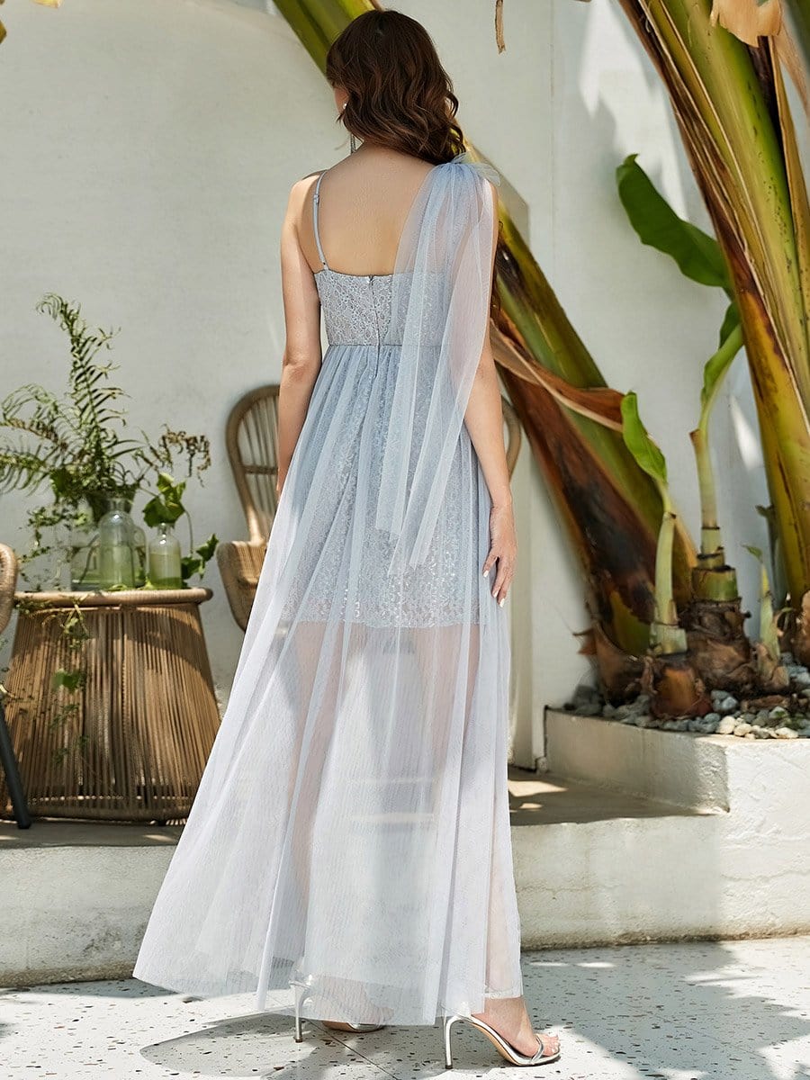 Color=Grey | Elegant Hollow Out Sleeveless V Neck Split Floor-Length Bridesmaid Dress-Grey 2