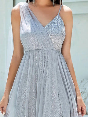 Color=Grey | Elegant Hollow Out Sleeveless V Neck Split Floor-Length Bridesmaid Dress-Grey 3