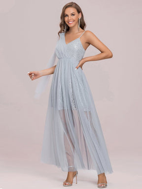 Color=Grey | Elegant Hollow Out Sleeveless V Neck Split Floor-Length Bridesmaid Dress-Grey 5