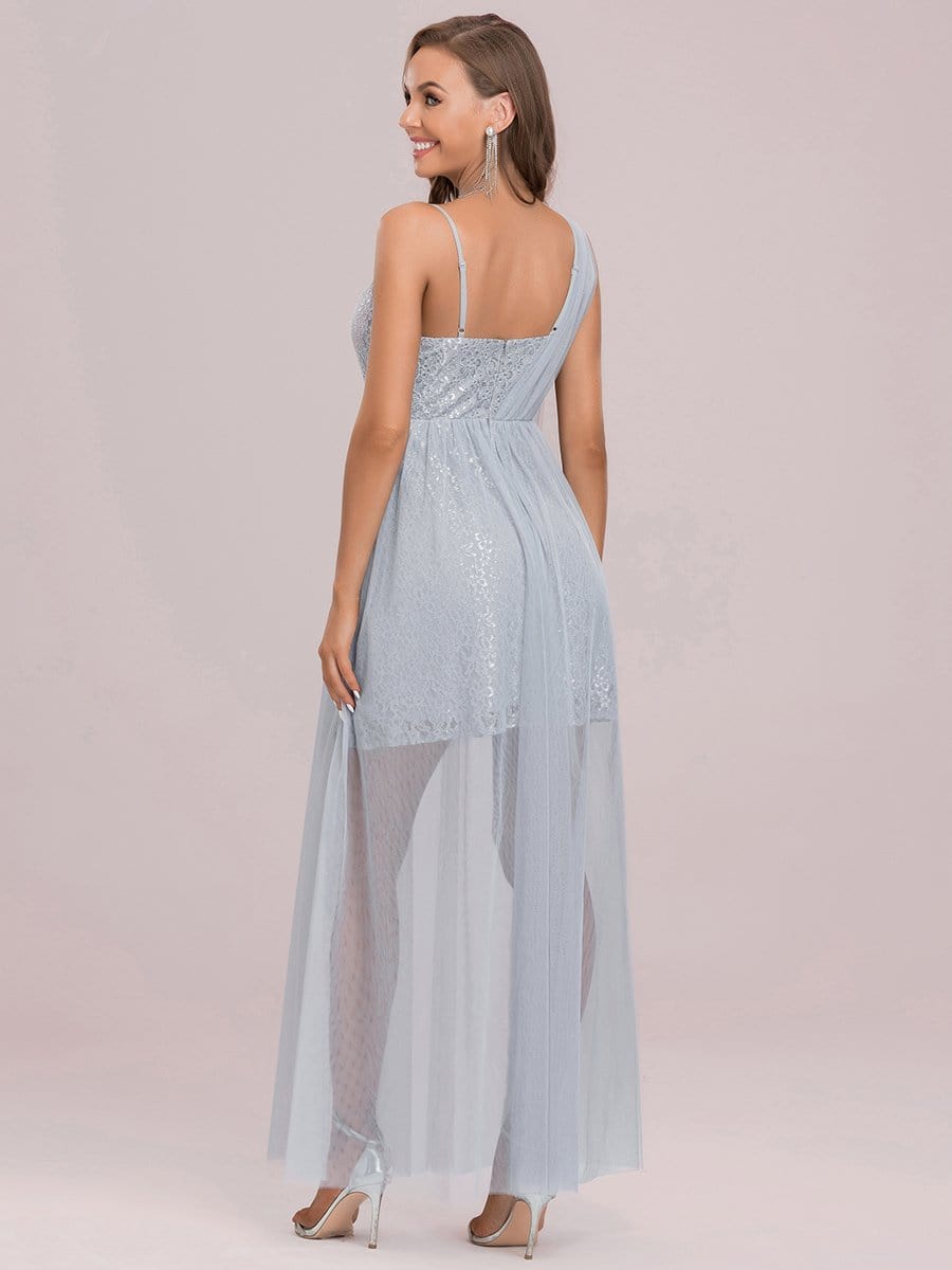 Color=Grey | Elegant Hollow Out Sleeveless V Neck Split Floor-Length Bridesmaid Dress-Grey 6