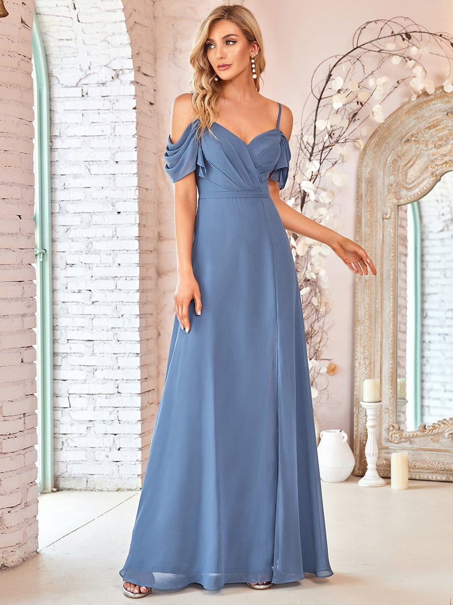 Color=Dusty Navy | Comfortable Chiffon Spaghetti Strap Sweetheart Pleated Bodice Bridesmaid Dress-Dusty Navy 1