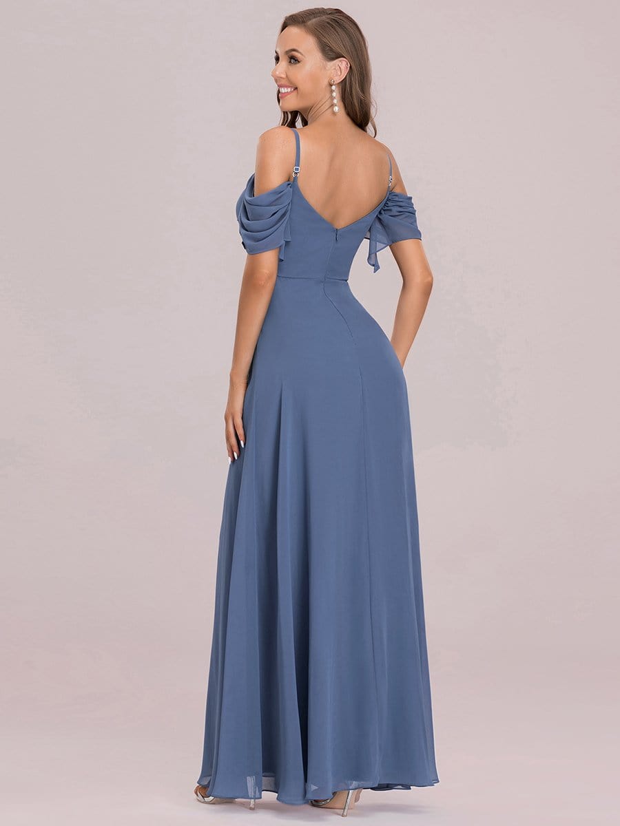 Color=Dusty Navy | Comfortable Chiffon Spaghetti Strap Sweetheart Pleated Bodice Bridesmaid Dress-Dusty Navy 5