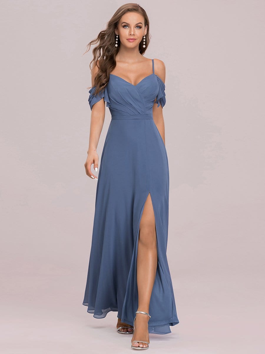 Color=Dusty Navy | Comfortable Chiffon Spaghetti Strap Sweetheart Pleated Bodice Bridesmaid Dress-Dusty Navy 4