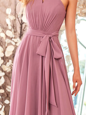 Color=Purple Orchid | Stunning Halter Neck Keyhole Small Pleated Midi Circle Skirt Bridesmaid Dress-Purple Orchid 3
