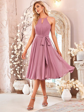 Color=Purple Orchid | Stunning Halter Neck Keyhole Small Pleated Midi Circle Skirt Bridesmaid Dress-Purple Orchid 1