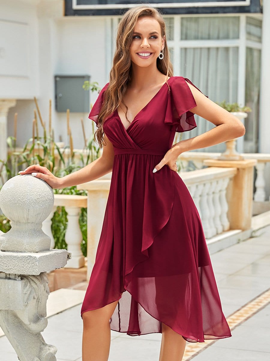 Color=Burgundy | Sexy Deep V Slit Lotus Leaf Sleeves Asymmetric Hem Bridesmaid Dress-Burgundy 3