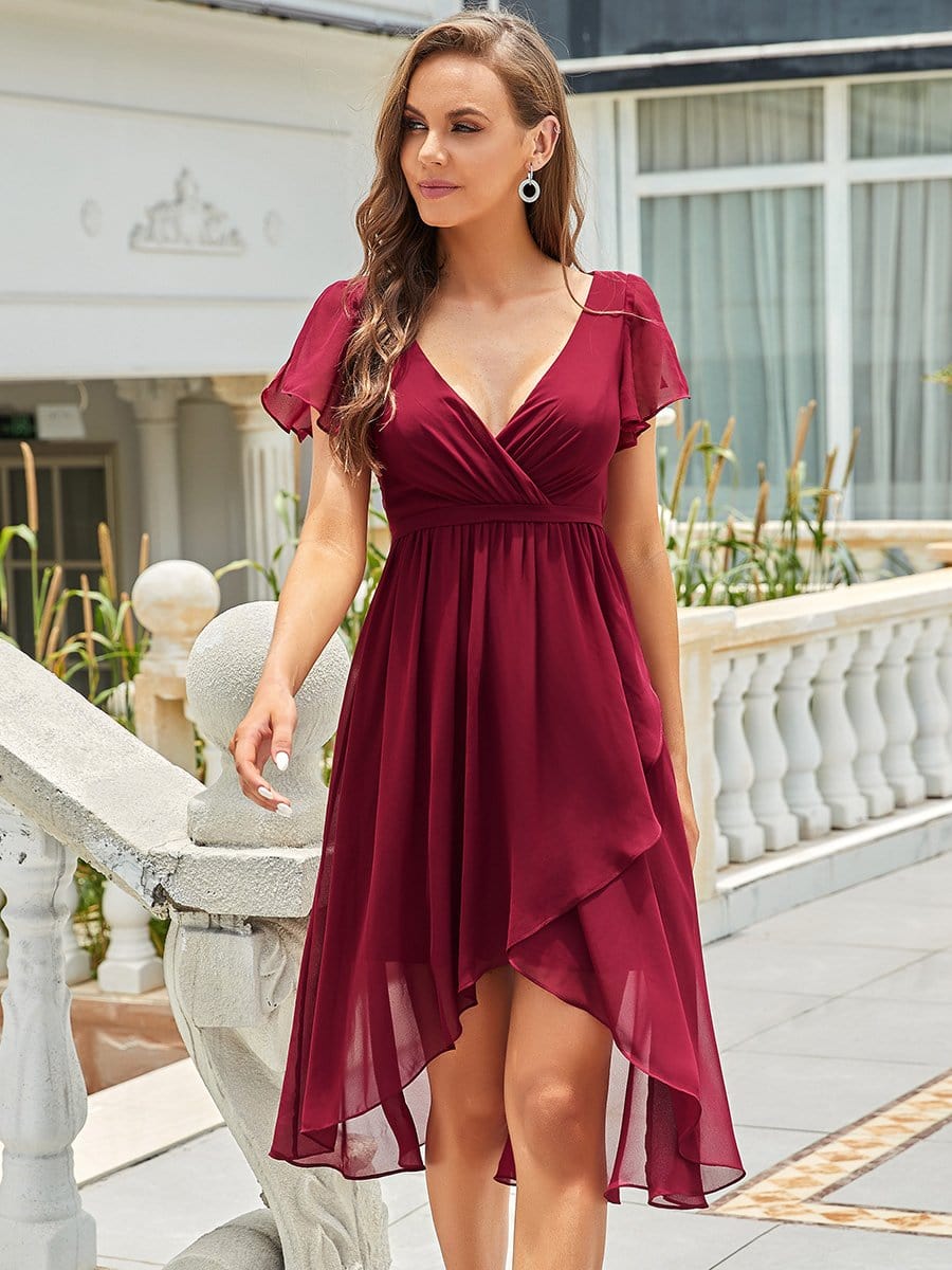 Color=Burgundy | Sexy Deep V Slit Lotus Leaf Sleeves Asymmetric Hem Bridesmaid Dress-Burgundy 1