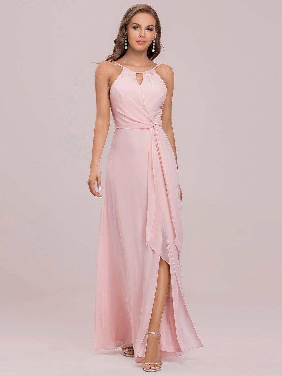 Color=Pink | Elegant Belly Collar Halter Keyhole Small Pleated Bodice Front Slit Bridesmaid Dress-Pink 5
