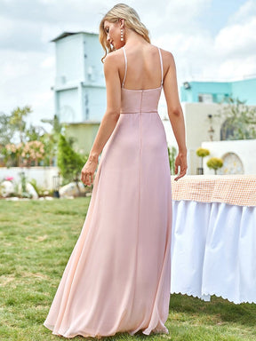 Color=Pink | Elegant Belly Collar Halter Keyhole Small Pleated Bodice Front Slit Bridesmaid Dress-Pink 2