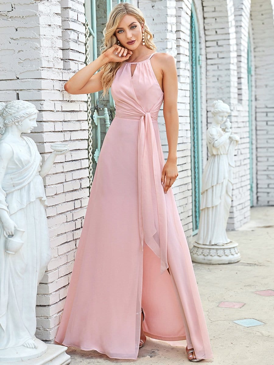 Color=Pink | Elegant Belly Collar Halter Keyhole Small Pleated Bodice Front Slit Bridesmaid Dress-Pink 4