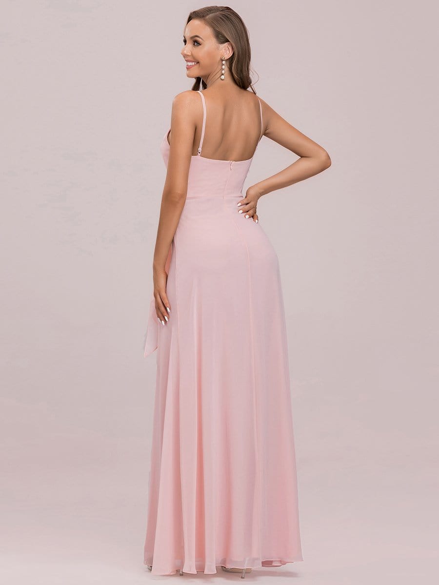 Color=Pink | Elegant Belly Collar Halter Keyhole Small Pleated Bodice Front Slit Bridesmaid Dress-Pink 6