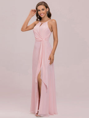 Color=Pink | Elegant Belly Collar Halter Keyhole Small Pleated Bodice Front Slit Bridesmaid Dress-Pink 7