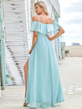 Color=Sky Blue | Elegant Lotus Sleeves Spaghetti Strap Front Split Long Bridesmaid Dress-Sky Blue 2