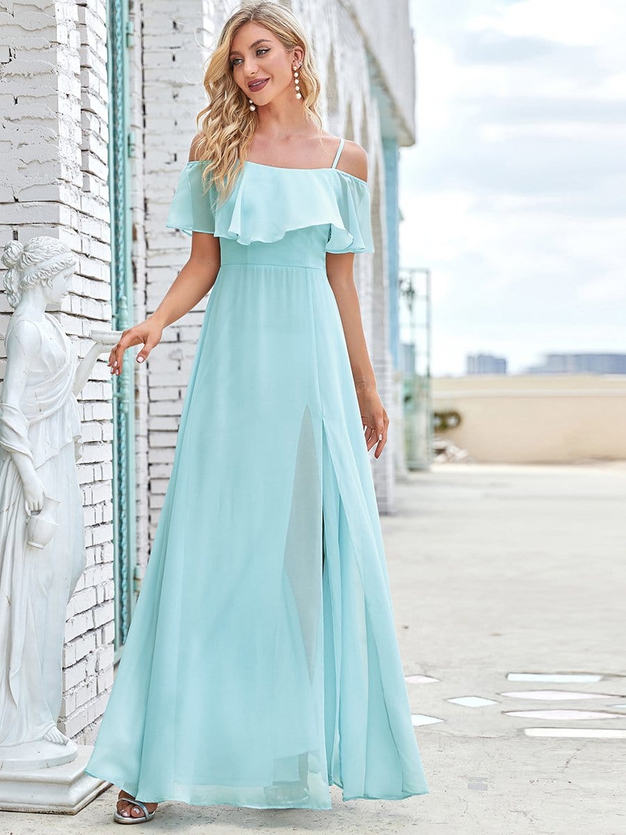 Color=Sky Blue | Elegant Lotus Sleeves Spaghetti Strap Front Split Long Bridesmaid Dress-Sky Blue 1