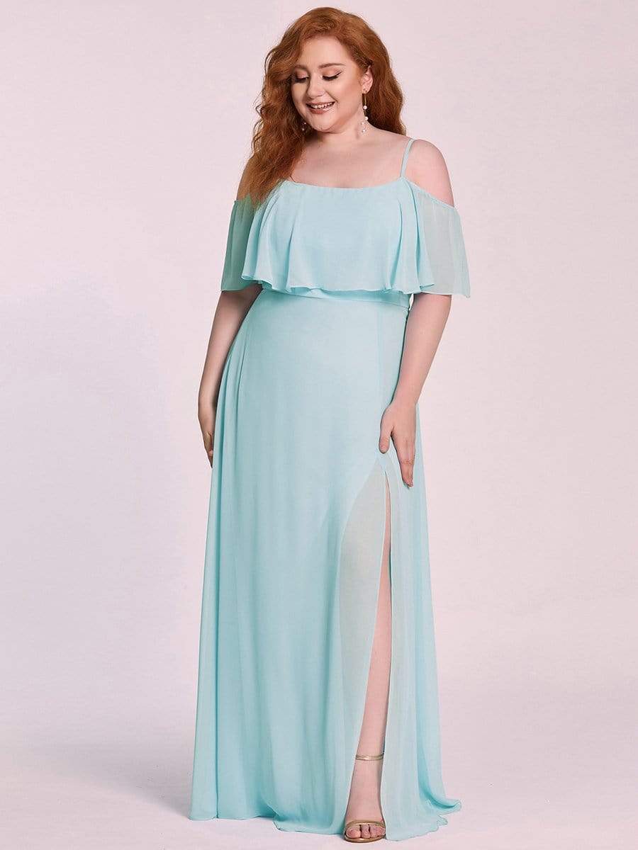Color=Sky Blue | Elegant Plus Size Lotus Sleeves Spaghetti Strap Front Split Bridesmaid Dress-Sky Blue 3
