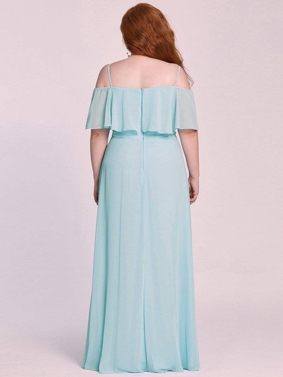 Color=Sky Blue | Elegant Plus Size Lotus Sleeves Spaghetti Strap Front Split Bridesmaid Dress-Sky Blue 4