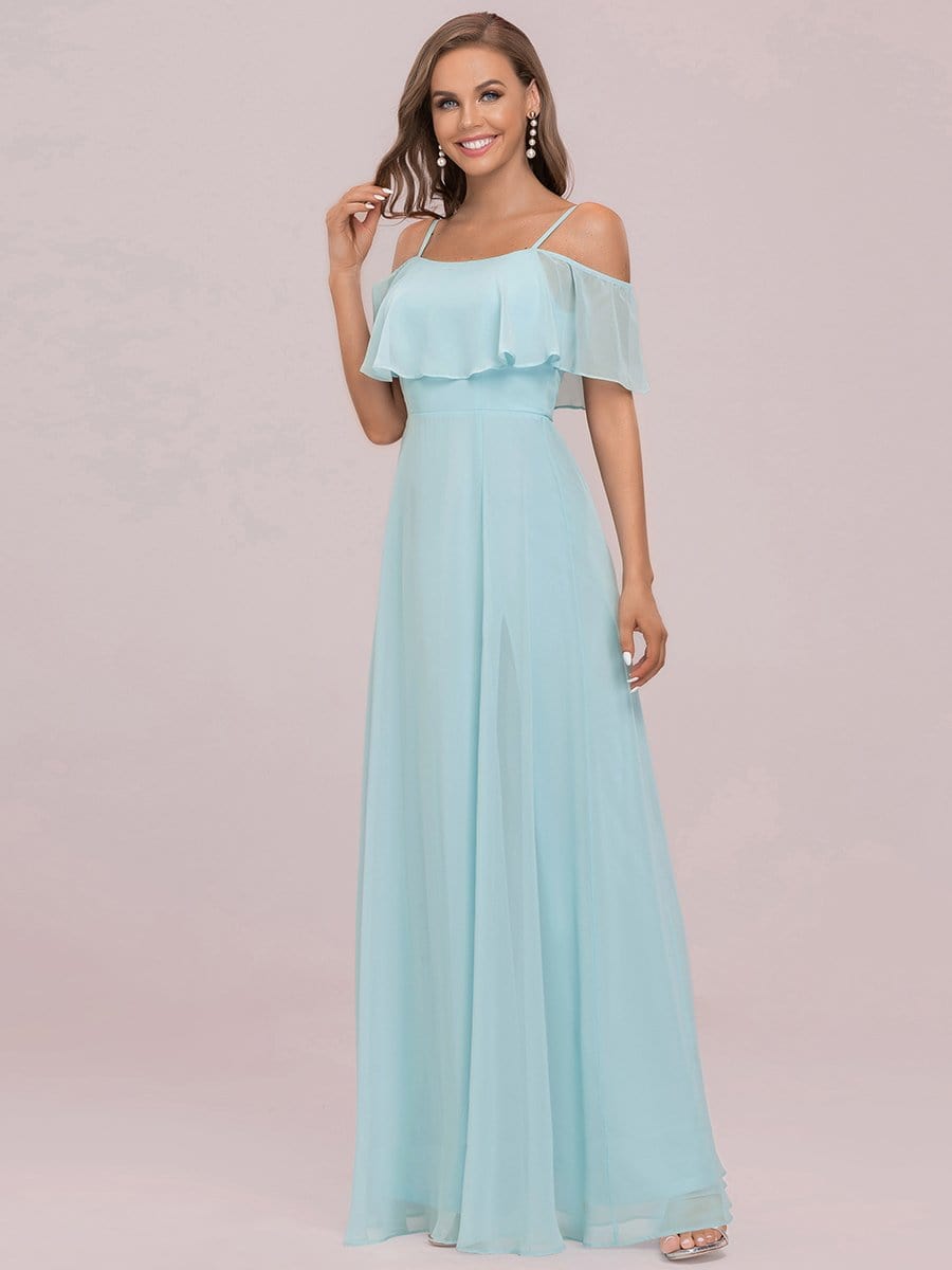 Color=Sky Blue | Elegant Lotus Sleeves Spaghetti Strap Front Split Long Bridesmaid Dress-Sky Blue 5