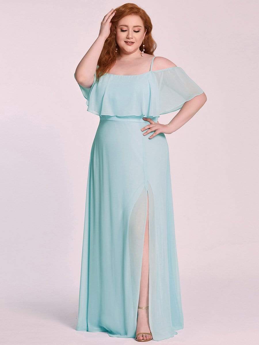 Color=Sky Blue | Elegant Lotus Sleeves Spaghetti Strap Front Split Long Bridesmaid Dress-Sky Blue 8