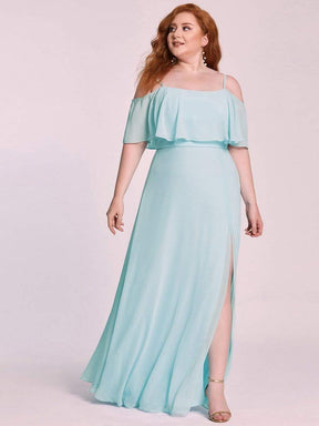 Color=Sky Blue | Elegant Plus Size Lotus Sleeves Spaghetti Strap Front Split Bridesmaid Dress-Sky Blue 6