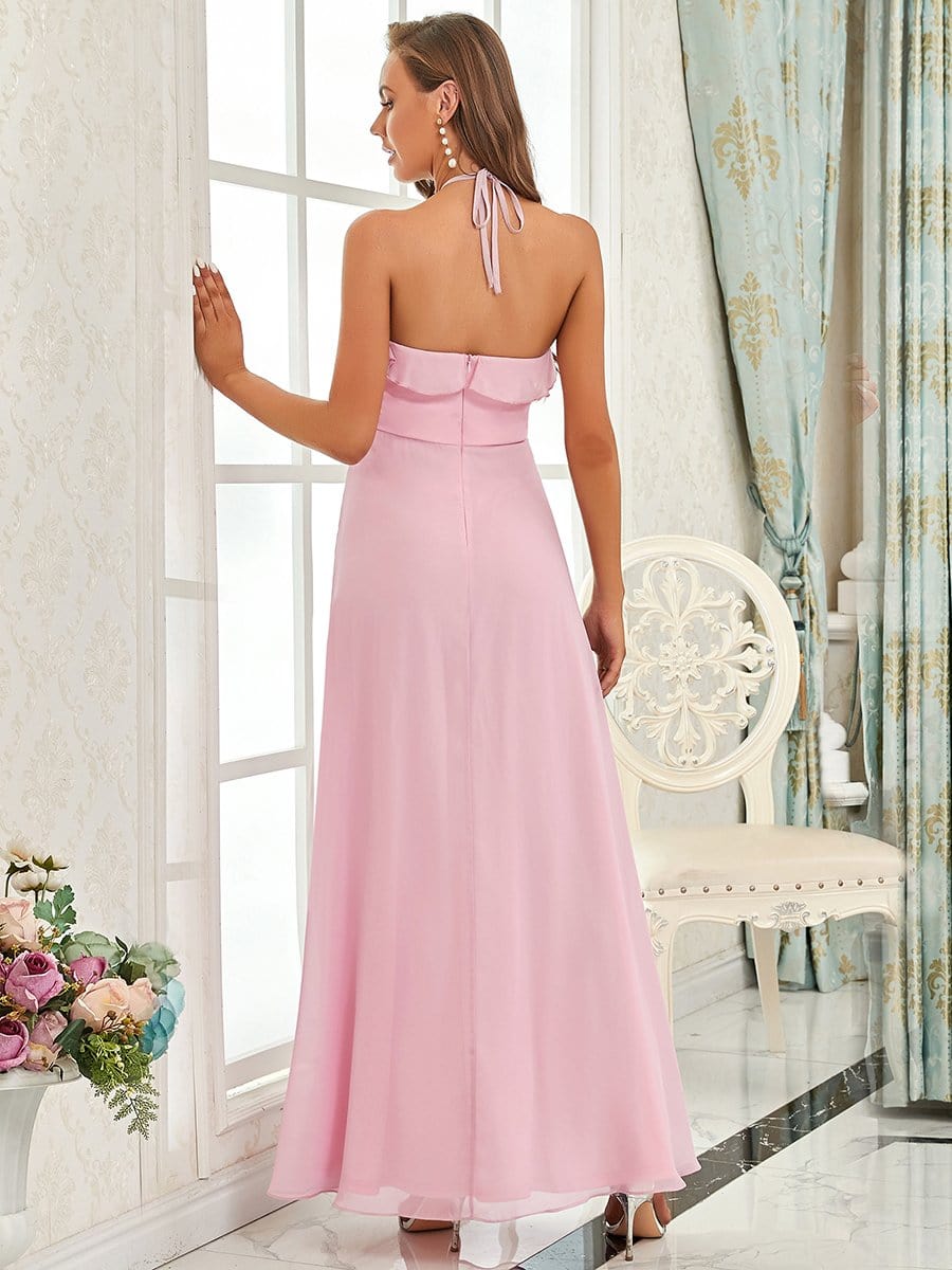 Color=Mauve | Halter Neck Strapless A-Line Maxi Bridesmaid Dress-Mauve 2