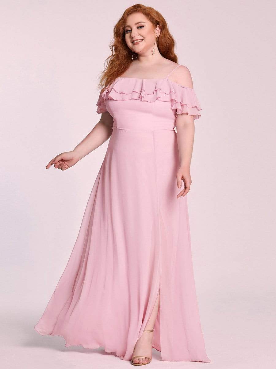 Color=Mauve | Plus Size Spaghetti Strap Layered Lotus Sleeves Front Slit Bridesmaid Dress-Mauve 7