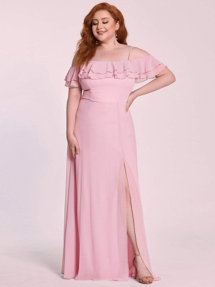 Color=Mauve | Plus Size Spaghetti Strap Layered Lotus Sleeves Front Slit Bridesmaid Dress-Mauve 8