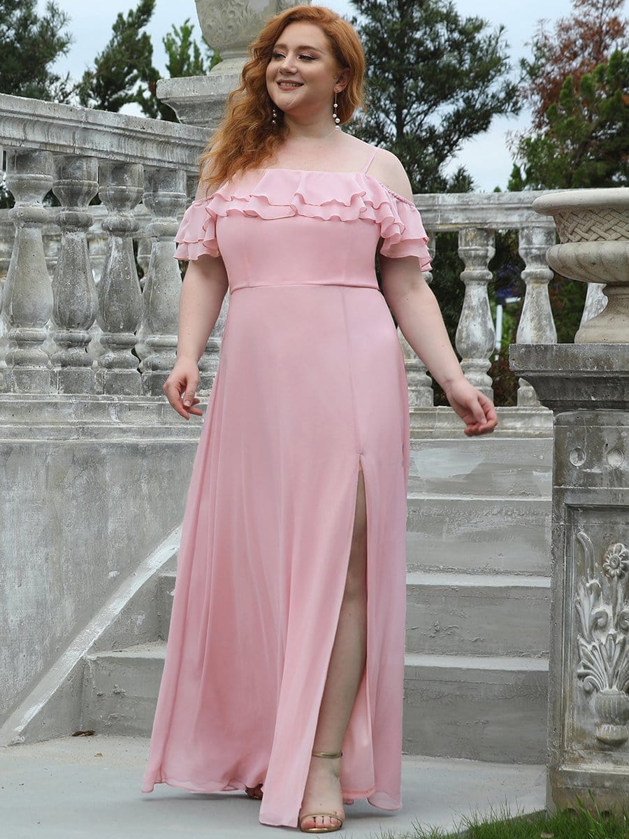 Color=Mauve | Plus Size Spaghetti Strap Layered Lotus Sleeves Front Slit Bridesmaid Dress-Mauve 3