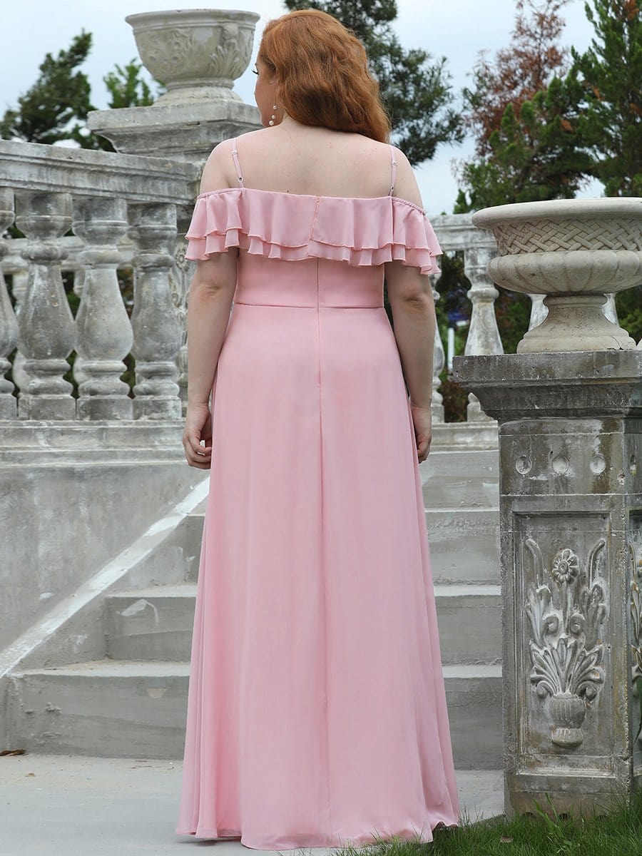 Color=Mauve | Plus Size Spaghetti Strap Layered Lotus Sleeves Front Slit Bridesmaid Dress-Mauve 2