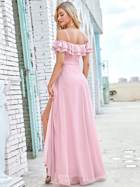 Color=Mauve | Chiffon Lotus Sleeves Spaghetti Strap Layered Front Slit Bridesmaid Dress-Mauve 2