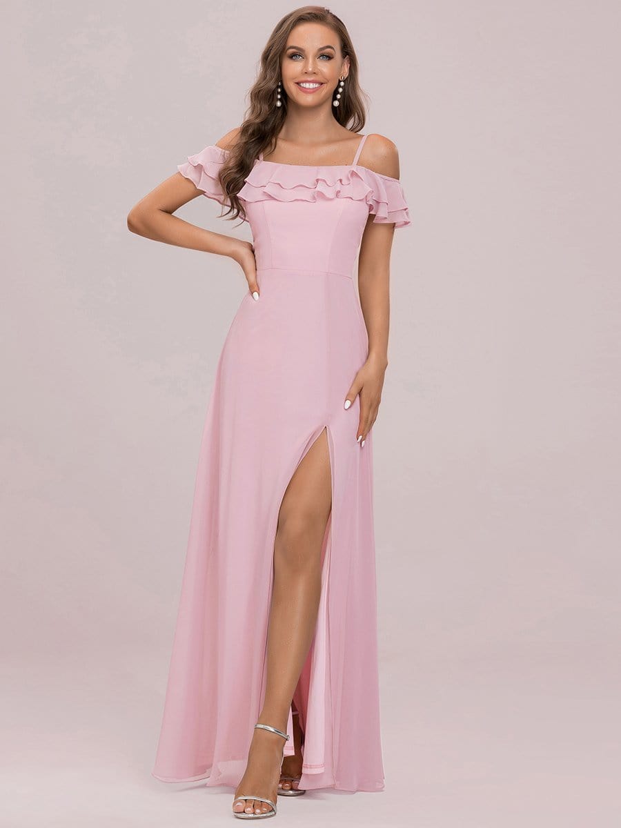 Color=Mauve | Chiffon Lotus Sleeves Spaghetti Strap Layered Front Slit Bridesmaid Dress-Mauve 6