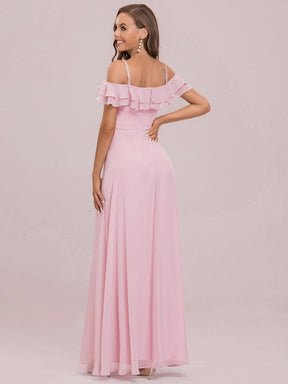 Color=Mauve | Chiffon Lotus Sleeves Spaghetti Strap Layered Front Slit Bridesmaid Dress-Mauve 7