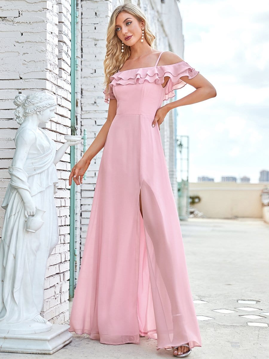 Color=Mauve | Chiffon Lotus Sleeves Spaghetti Strap Layered Front Slit Bridesmaid Dress-Mauve 1