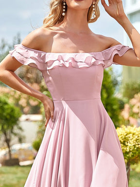 Color=Mauve | Asymmetrical Hem Padded Off Shoulder Ruffle Sleeves Bridesmaid Dress-Mauve 3