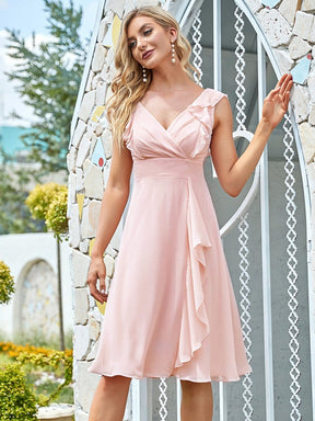 Color=Pink | Asymmetrical Deep V Short Ruffle Sleeves Knee Length Bridesmaid Dress-Pink 4