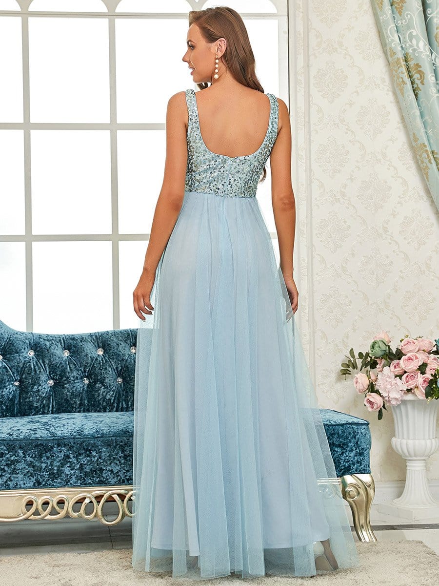 Color=Sky Blue | U Neck Sequins Maxi Long Sleeveless Sequin Tulle Bridesmaid Dress-Sky Blue 2
