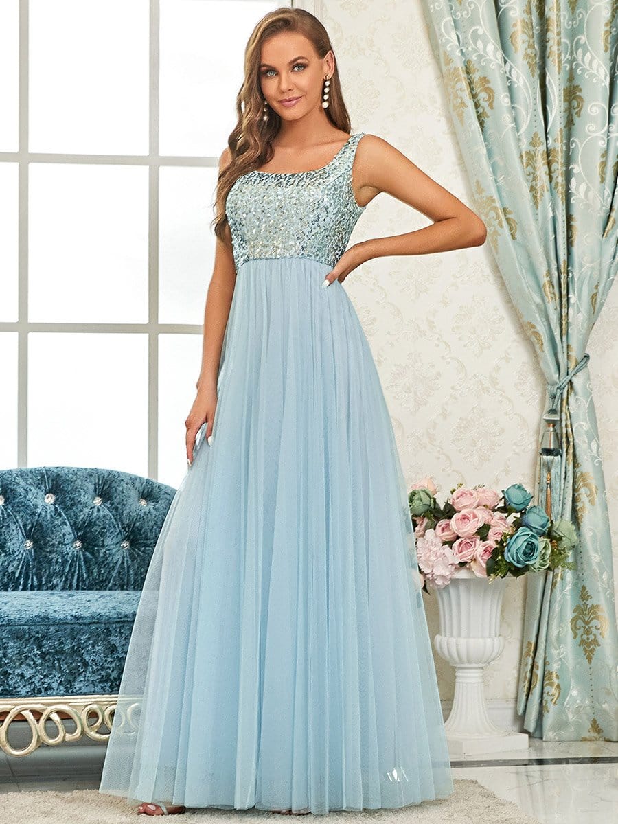 Color=Sky Blue | U Neck Sequins Maxi Long Sleeveless Sequin Tulle Bridesmaid Dress-Sky Blue 3
