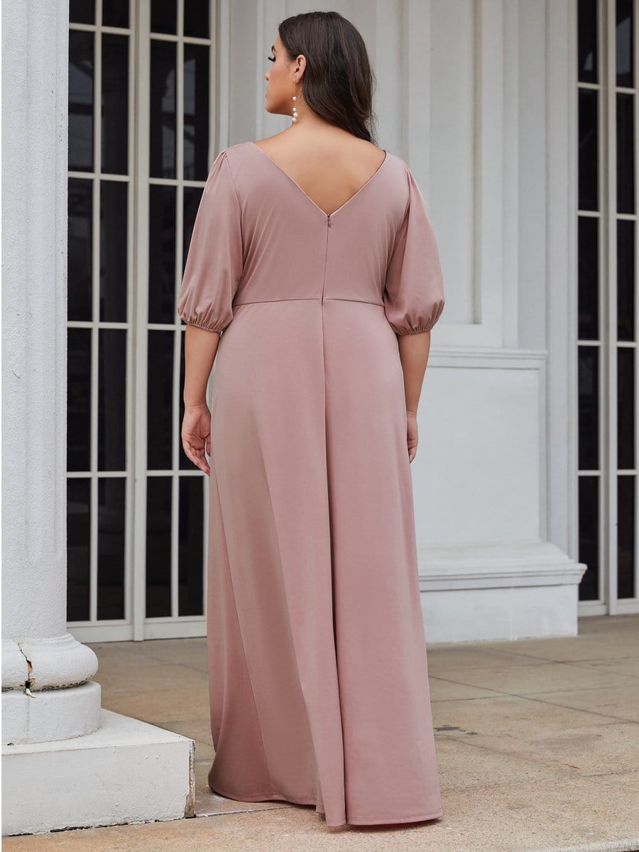 Color=Purple Orchid | V Neck Half Sleeves Long Plus Size Bridesmaid Dress-Purple Orchid 2