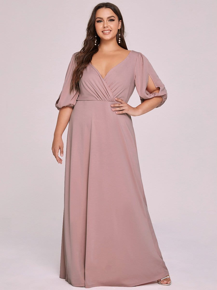Color=Purple Orchid | V Neck Half Sleeves Long Plus Size Bridesmaid Dress-Purple Orchid 3
