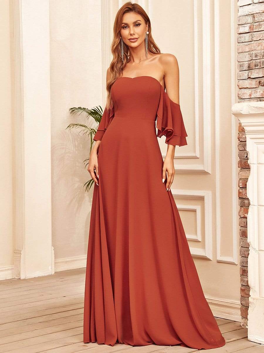 Color=Burnt orange | Strapless A Line Tulip Sleeves Maxi Bridesmaid Dresses-Burnt Orange 1