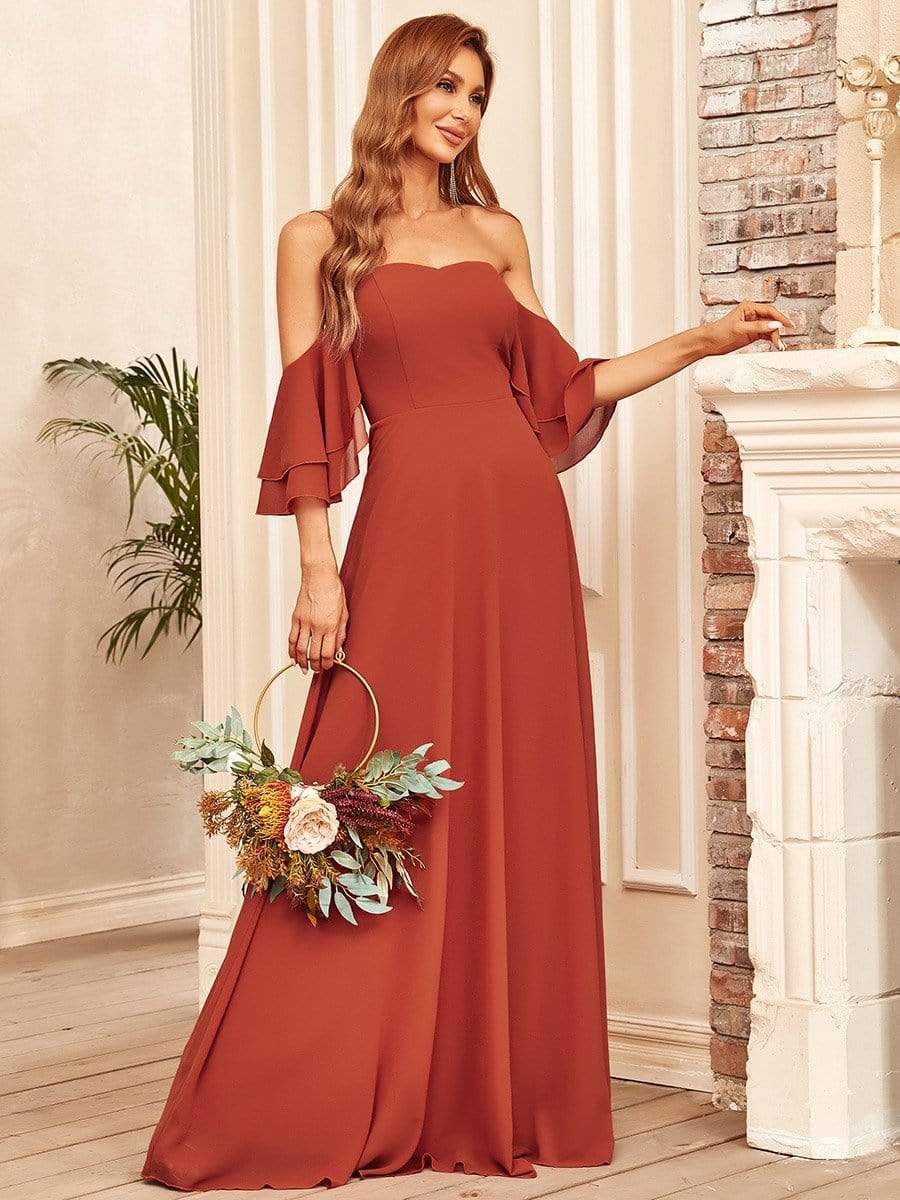 Color=Burnt orange | Strapless A Line Tulip Sleeves Maxi Bridesmaid Dresses-Burnt Orange 3