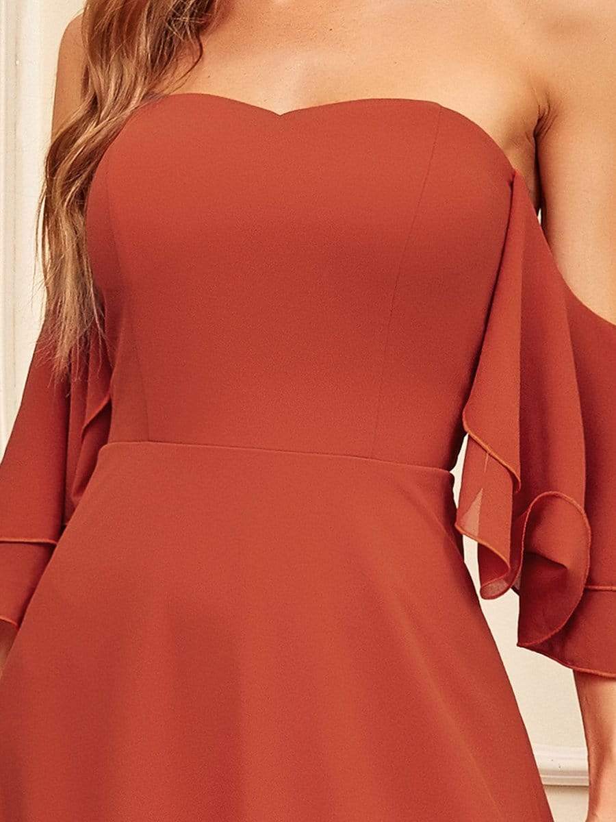 Color=Burnt orange | Strapless A Line Tulip Sleeves Maxi Bridesmaid Dresses-Burnt Orange 4