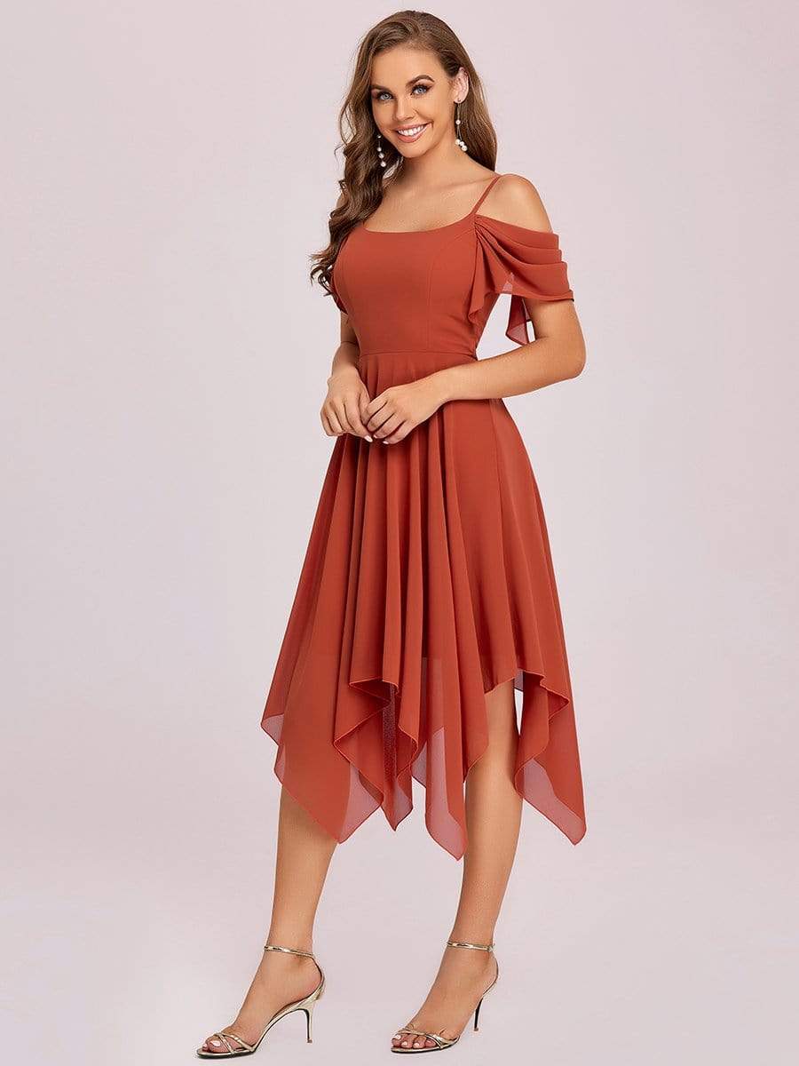 Color=Burnt Orange | Elegant Cold Shoulder Ruffle Sleeve Irregular Hem Bridesmaid Dress-Burnt Orange 5