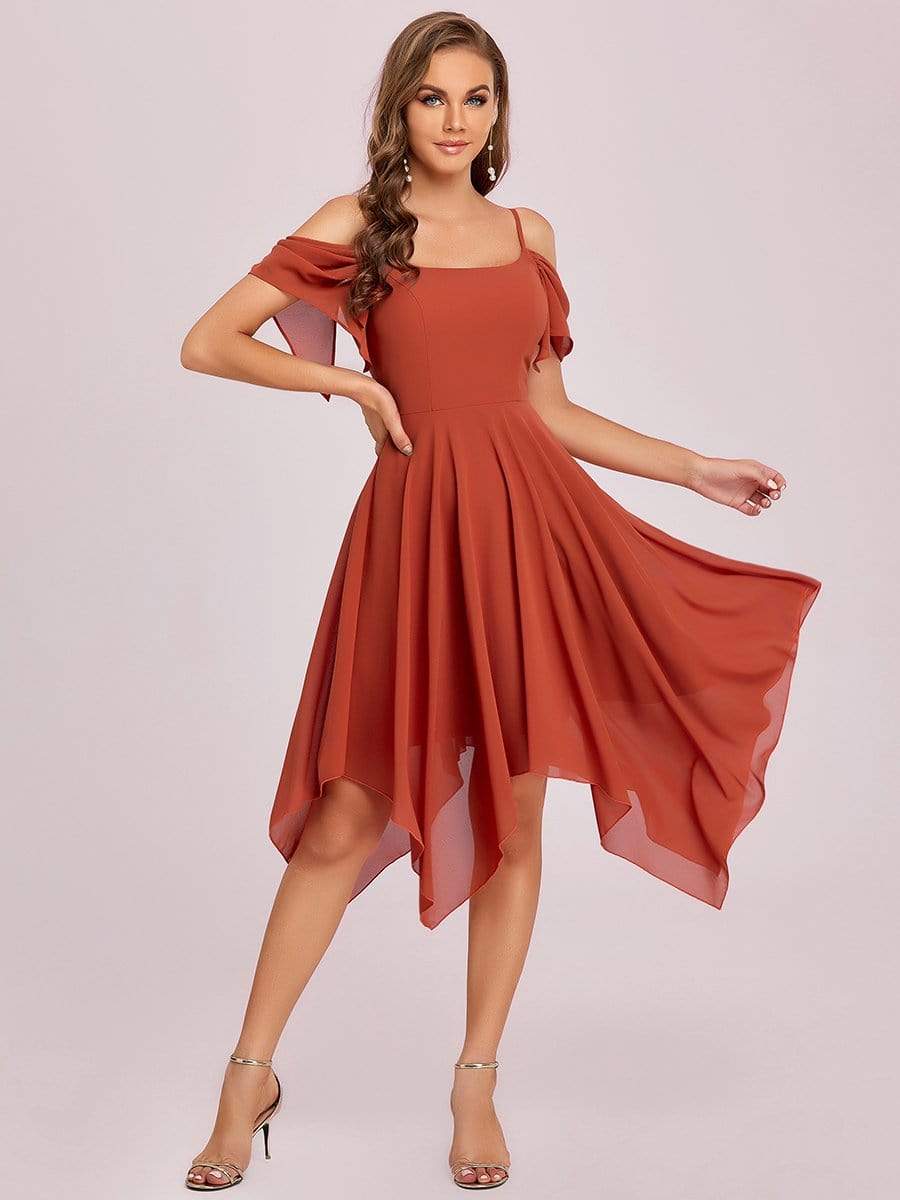 Color=Burnt Orange | Elegant Cold Shoulder Ruffle Sleeve Irregular Hem Bridesmaid Dress-Burnt Orange 6